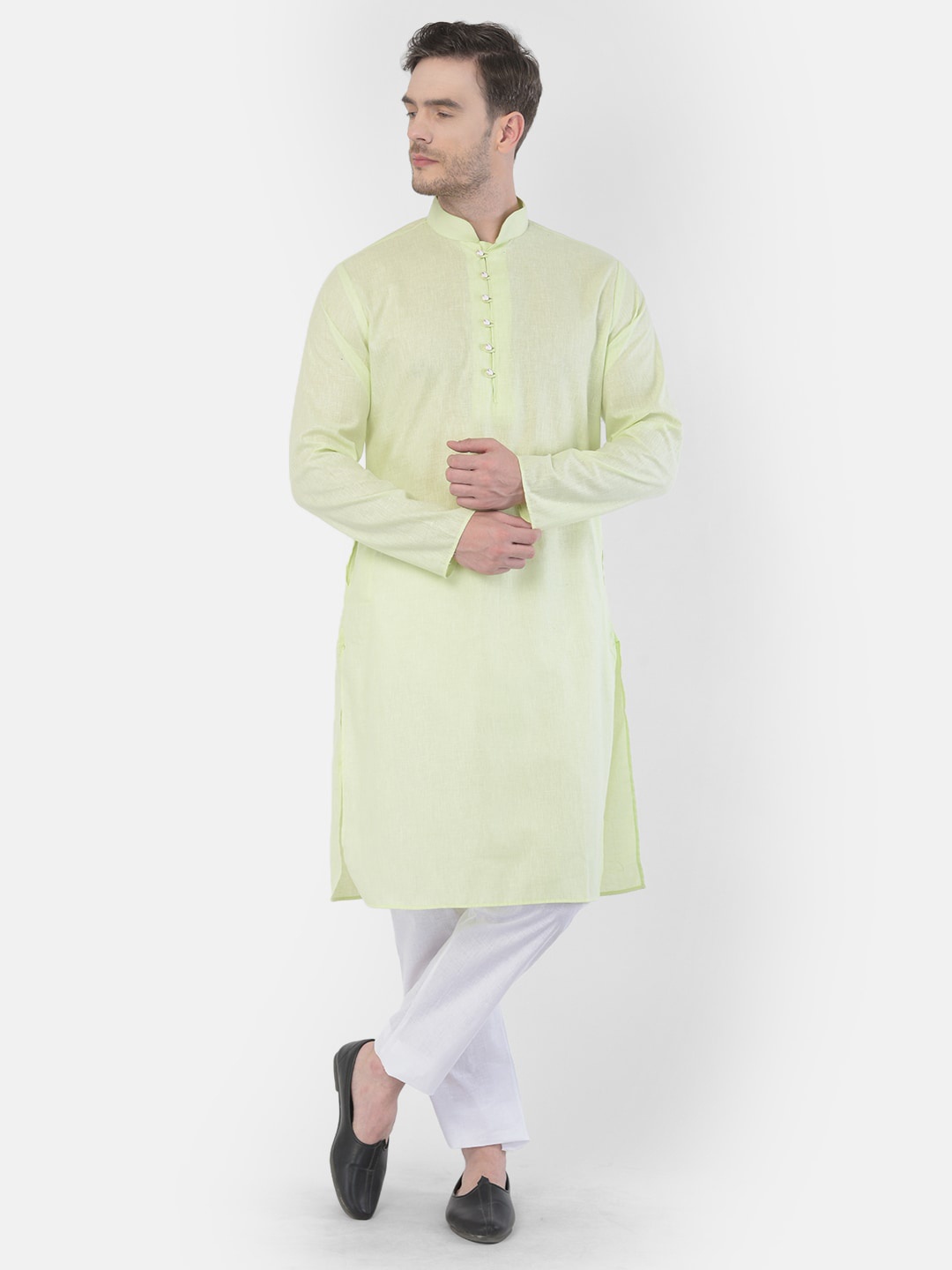 

SG LEMAN Men Lime Green & White Pure Cotton Kurta With Pyjamas