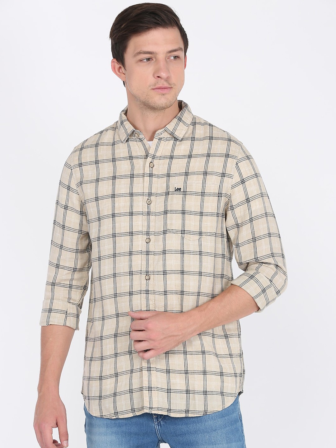 

Lee Men Beige Slim Fit Checked Casual Shirt