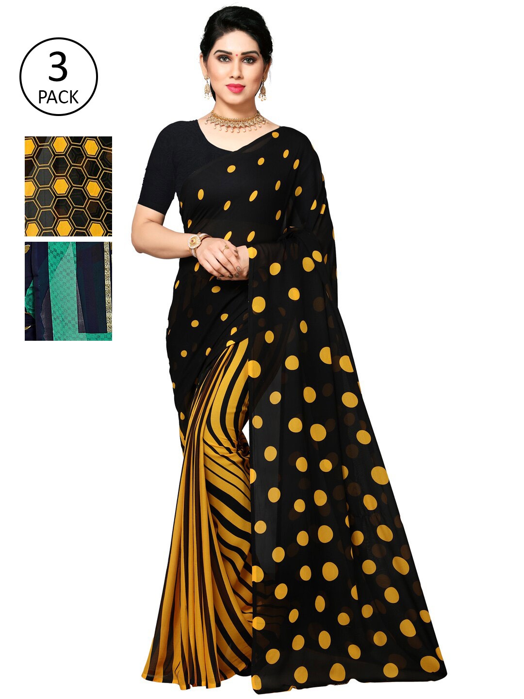 

KALINI Pack Of 3 Yellow & Black Saree