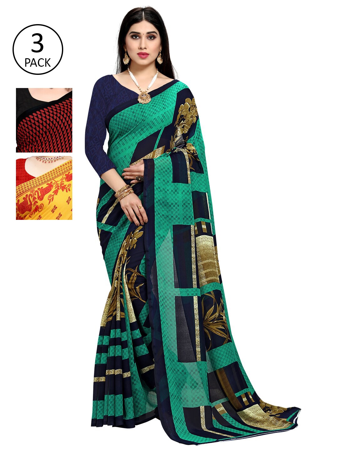 

KALINI Pack of 3 Printed Poly Georgette Saree, Yellow