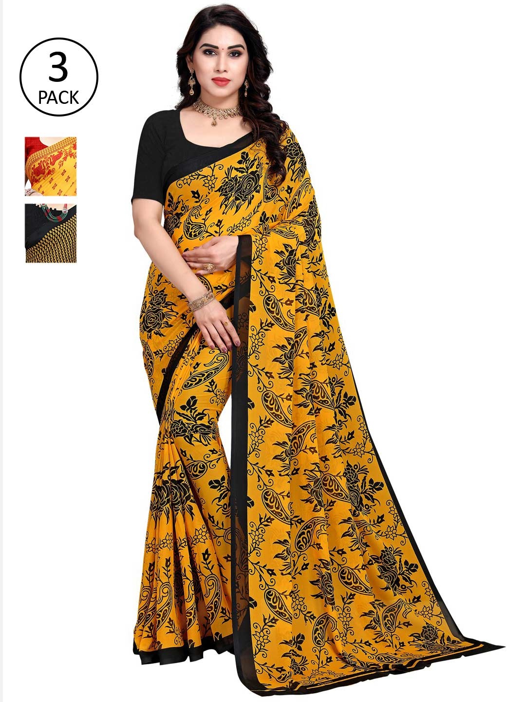 

KALINI Set of 3 Yellow & Black Ethnic Motifs Sarees