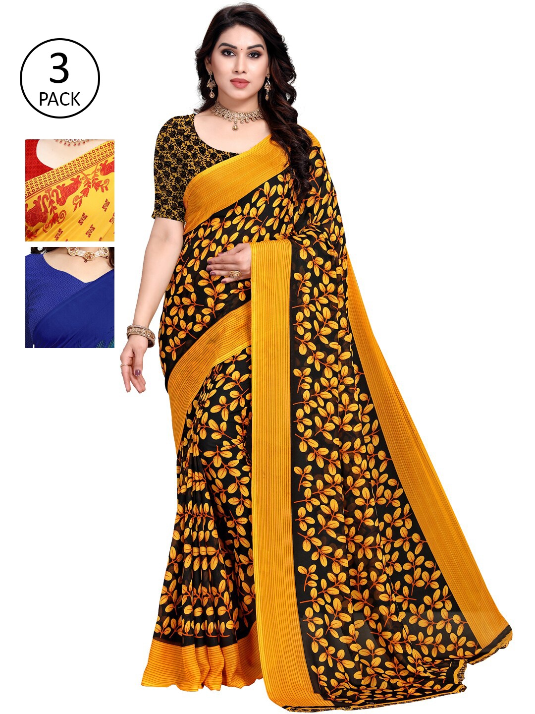 

KALINI Pack of 3 Poly Georgette Sarees, Yellow