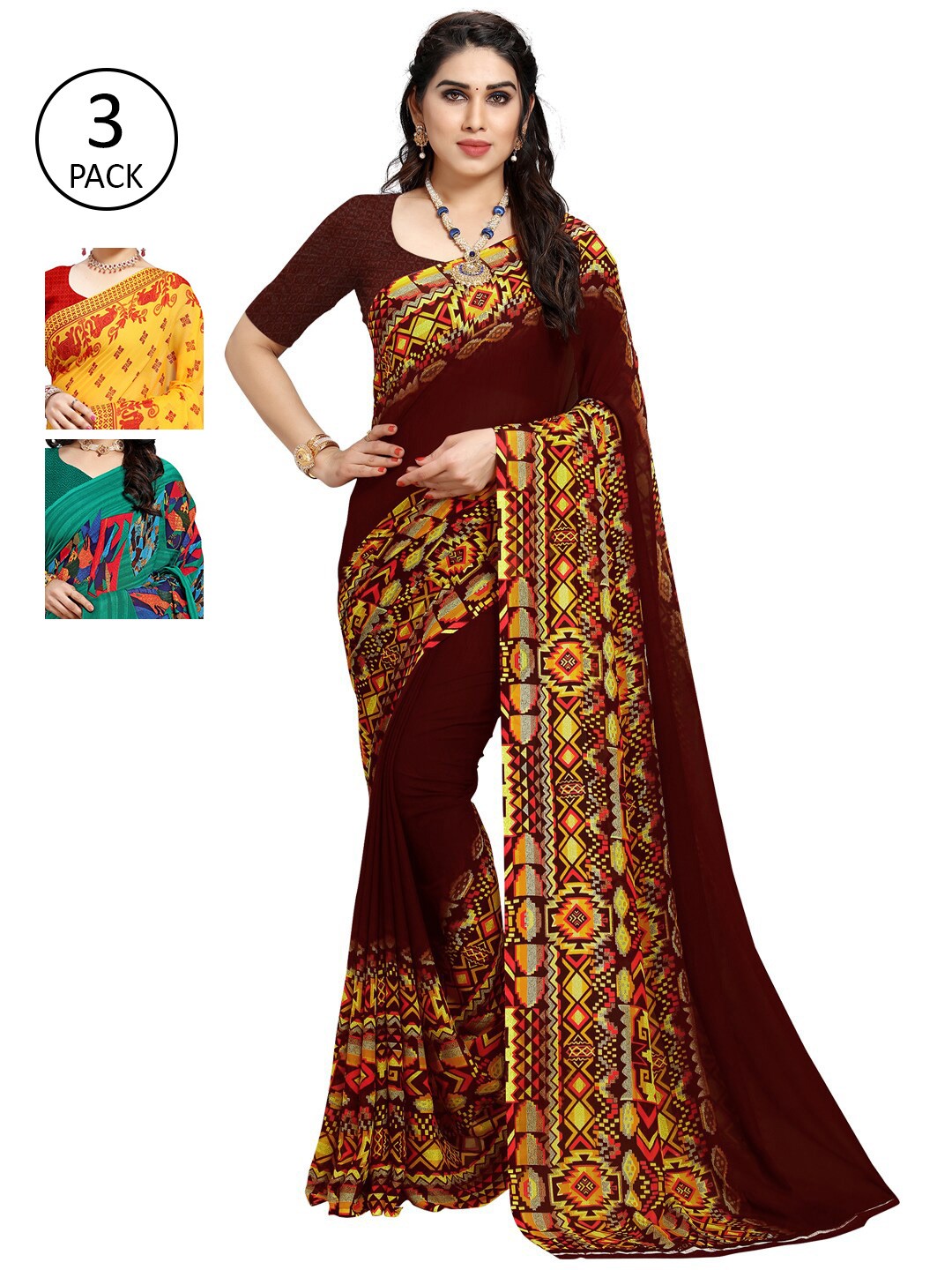 

KALINI Pack Of 3 Poly Georgette Printed Sarees, Yellow