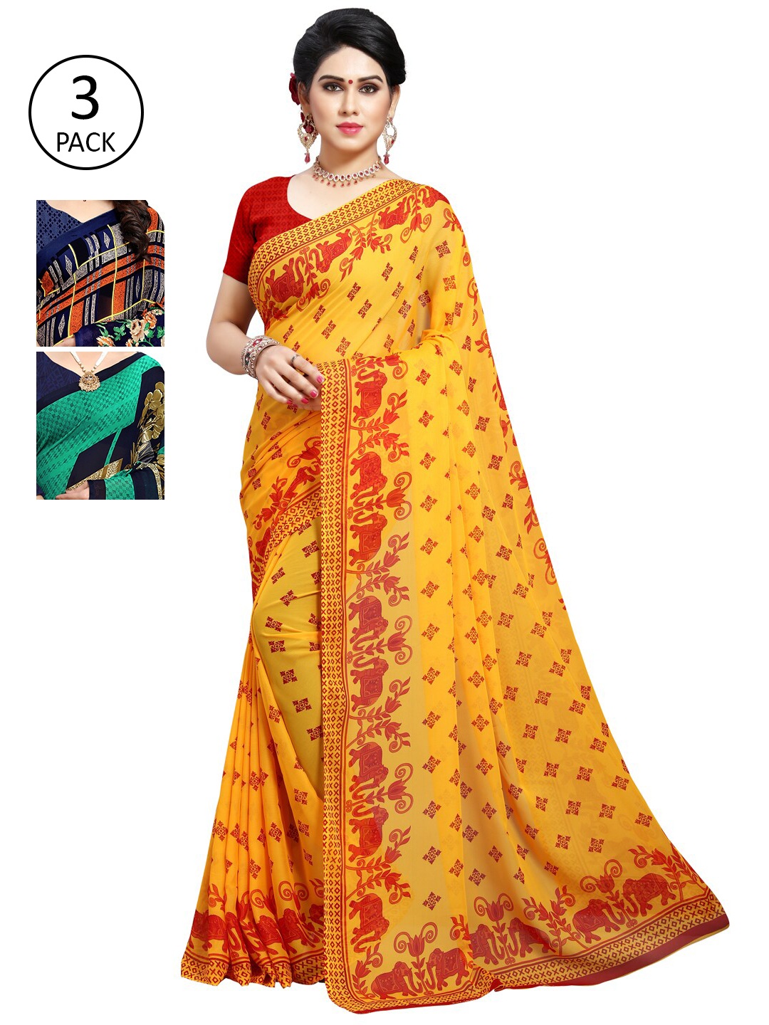 

KALINI Pack of 3 Printed Poly Georgette Saree, Yellow