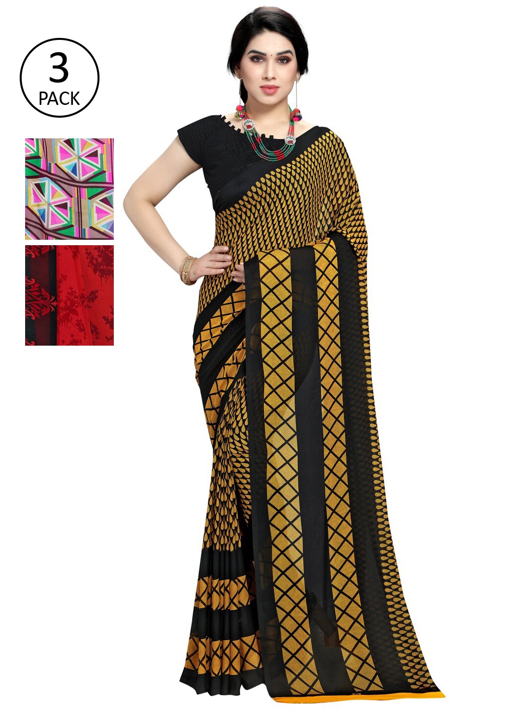 

KALINI Pack Of 3 Poly Georgette Printed Sarees, Black