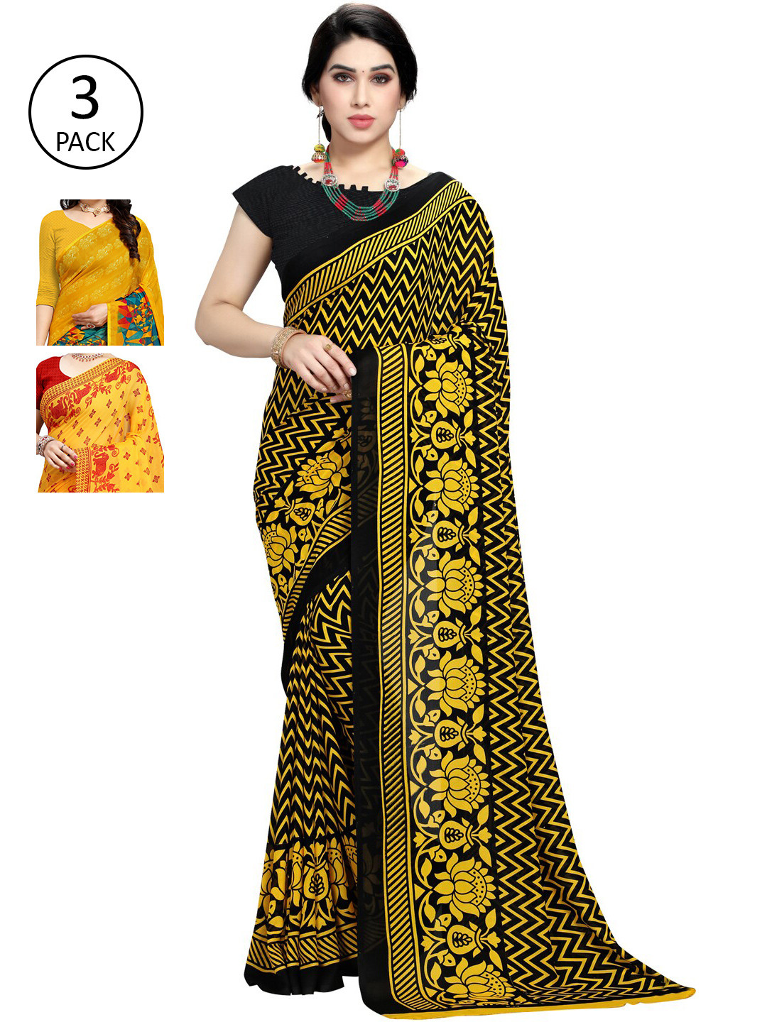 

KALINI Pack of 3 Ethnic Motifs Poly Georgette Saree, Yellow