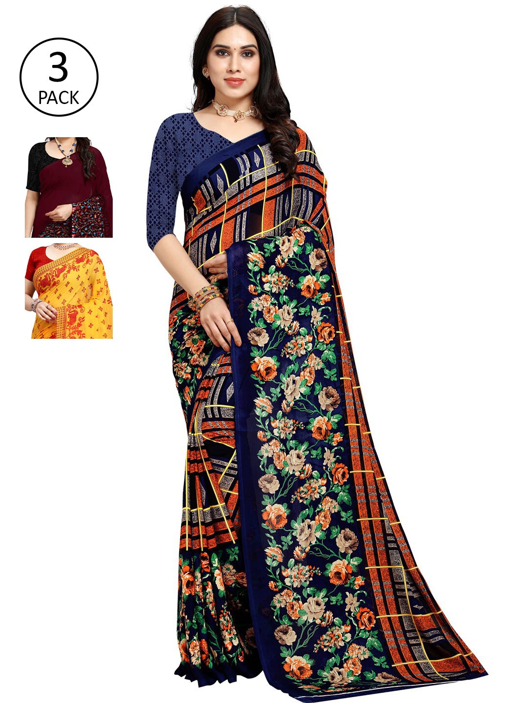 

KALINI Pack of 3 Poly Georgette Sarees, Yellow