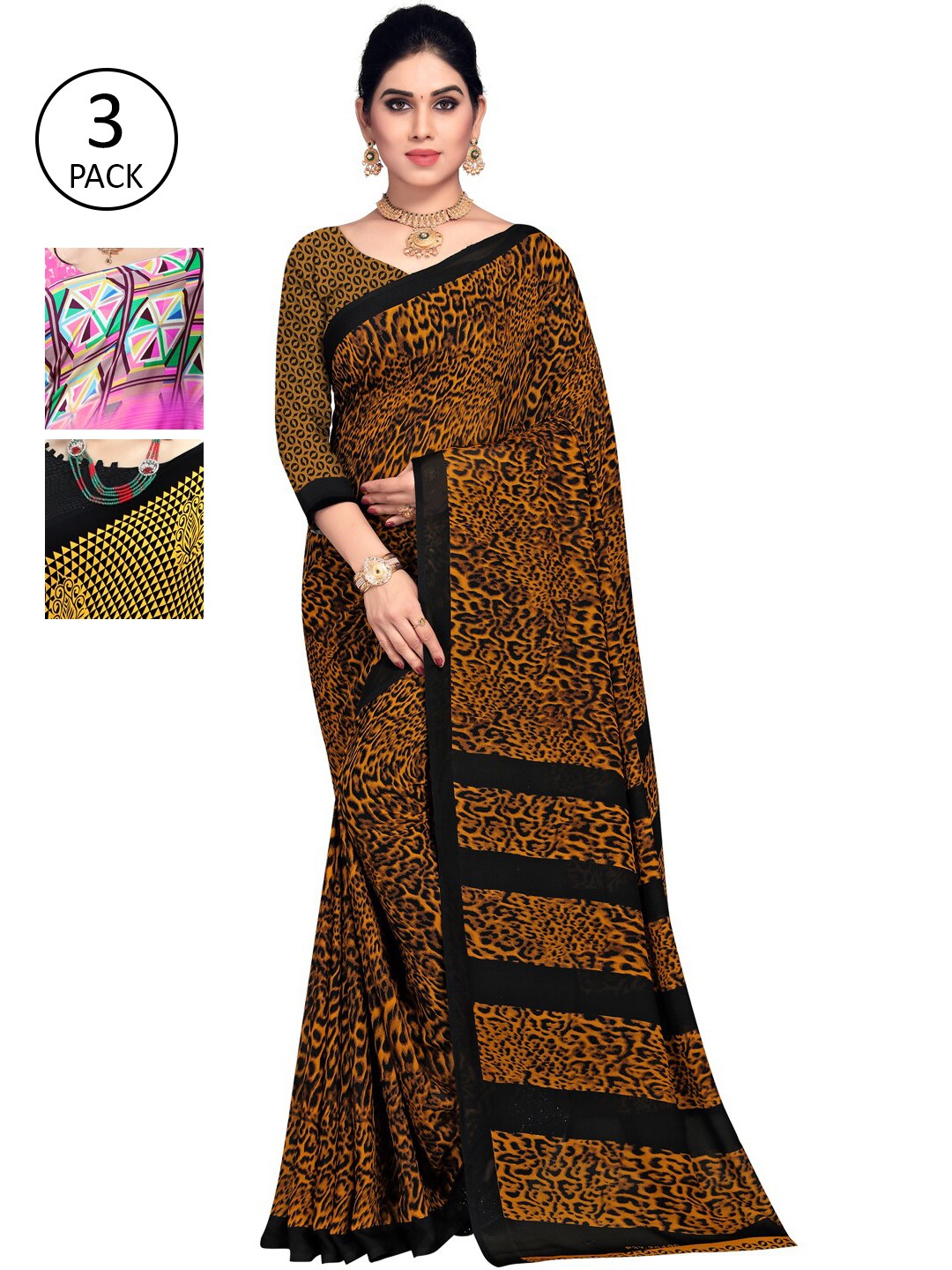 

KALINI Pack Of 3 Yellow & Black Saree