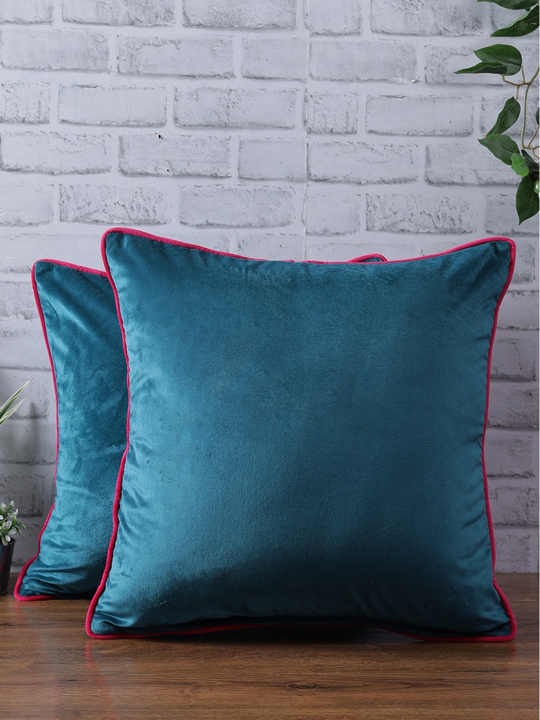 eyda Teal Blue Set of 2 Velvet Square Cushion Covers