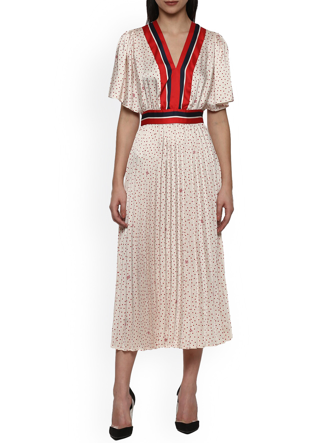 

LIU JO Cream-Coloured Accordion Pleated Polka Dot Printed Maxi Dress