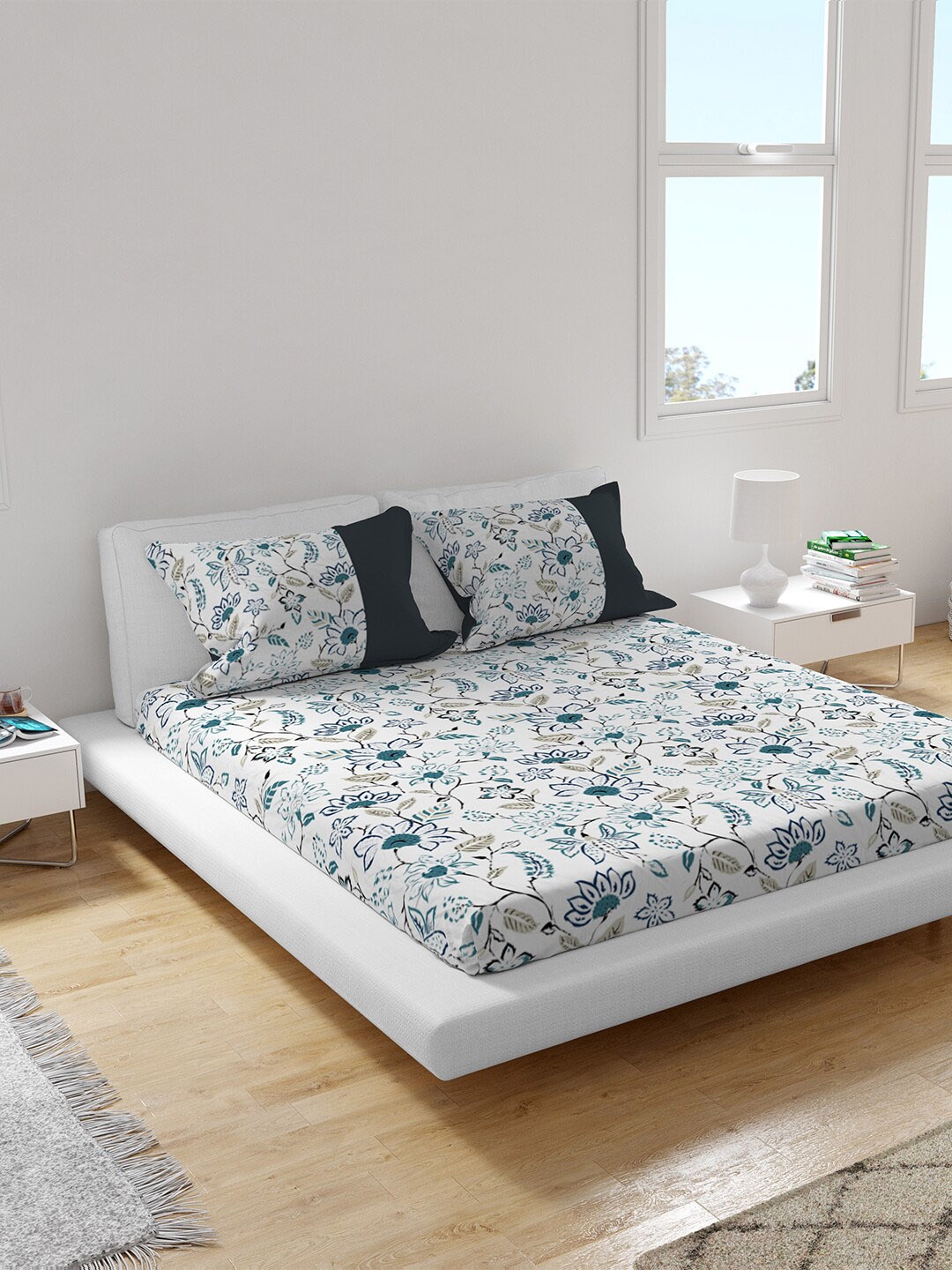 

Himeya White & Green Floral 300 TC King Sustainable Bedsheet with 2 Pillow Covers