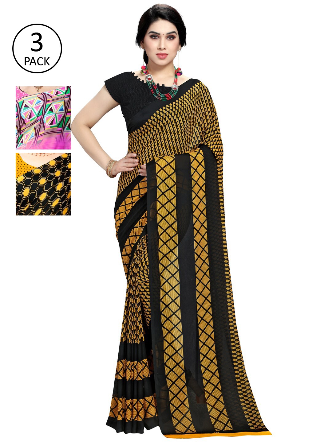 

KALINI Women Pack of 3 Poly Georgette Sarees, Yellow
