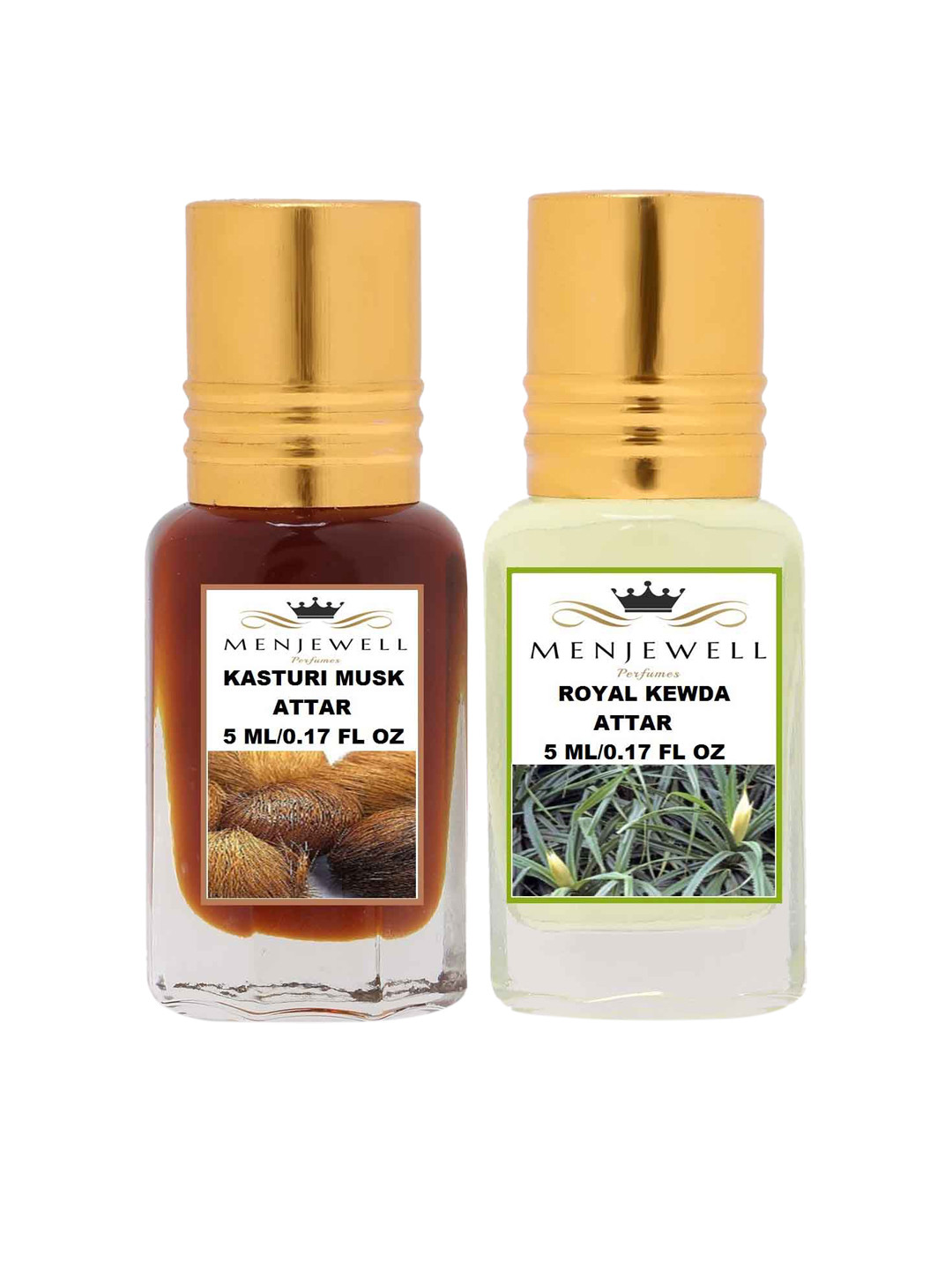 

Menjewell Combo Pack of 2PCs Attar ( Kasturi Musk 5ML, alBakhoor 5ML), Transparent