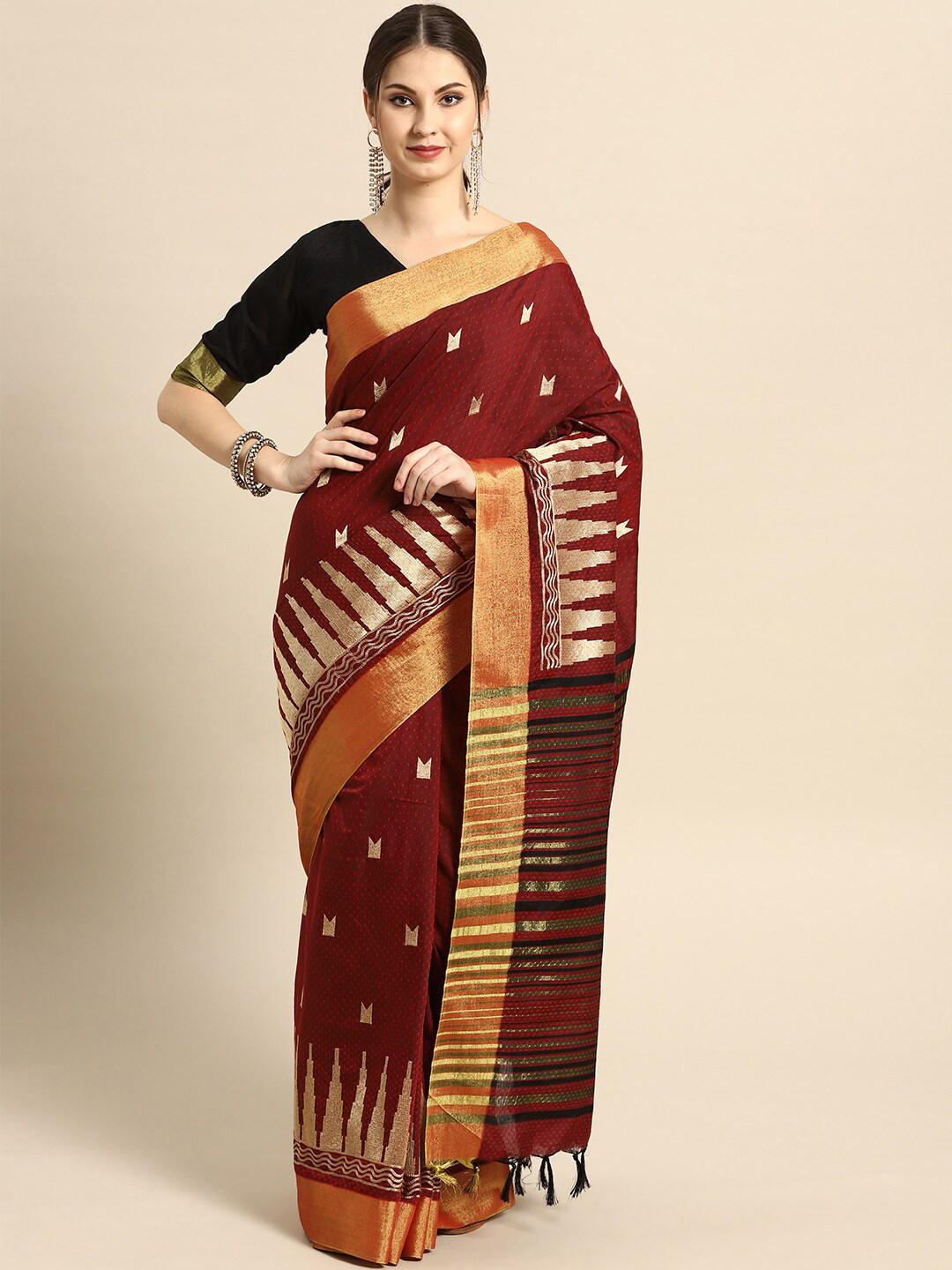 

Saree mall Maroon Zari Silk Blend Sarees