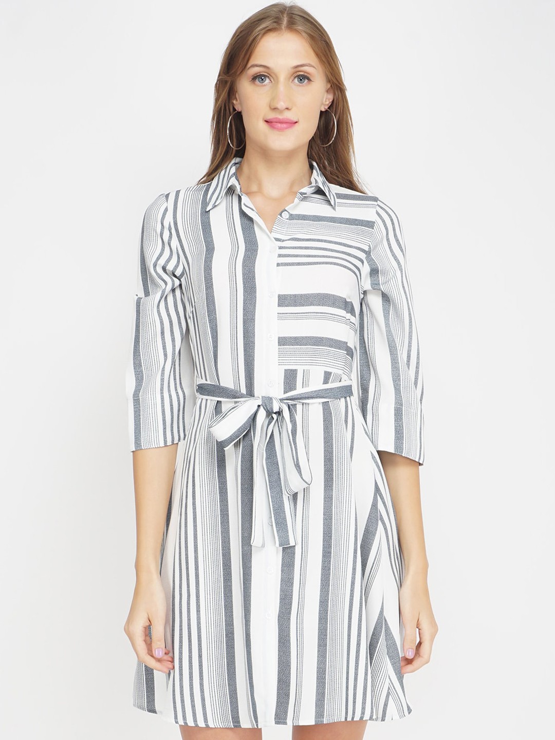 

Oxolloxo Women White & Grey Striped Crepe Shirt Dress