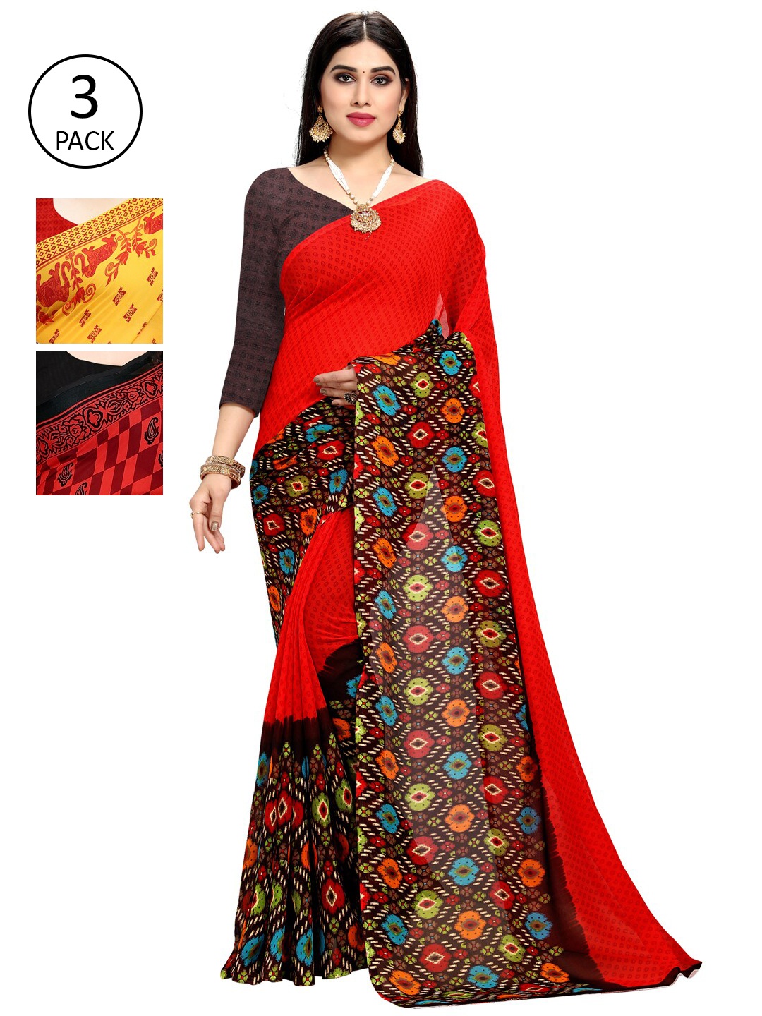 KALINI Pack Of 3 Paisley Sarees, Red
