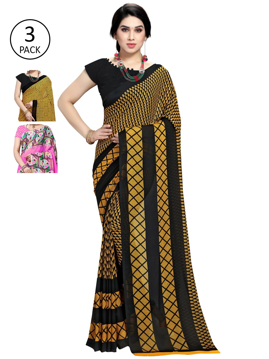 

KALINI Pack Of 3 Poly Georgette Printed Sarees, Pink