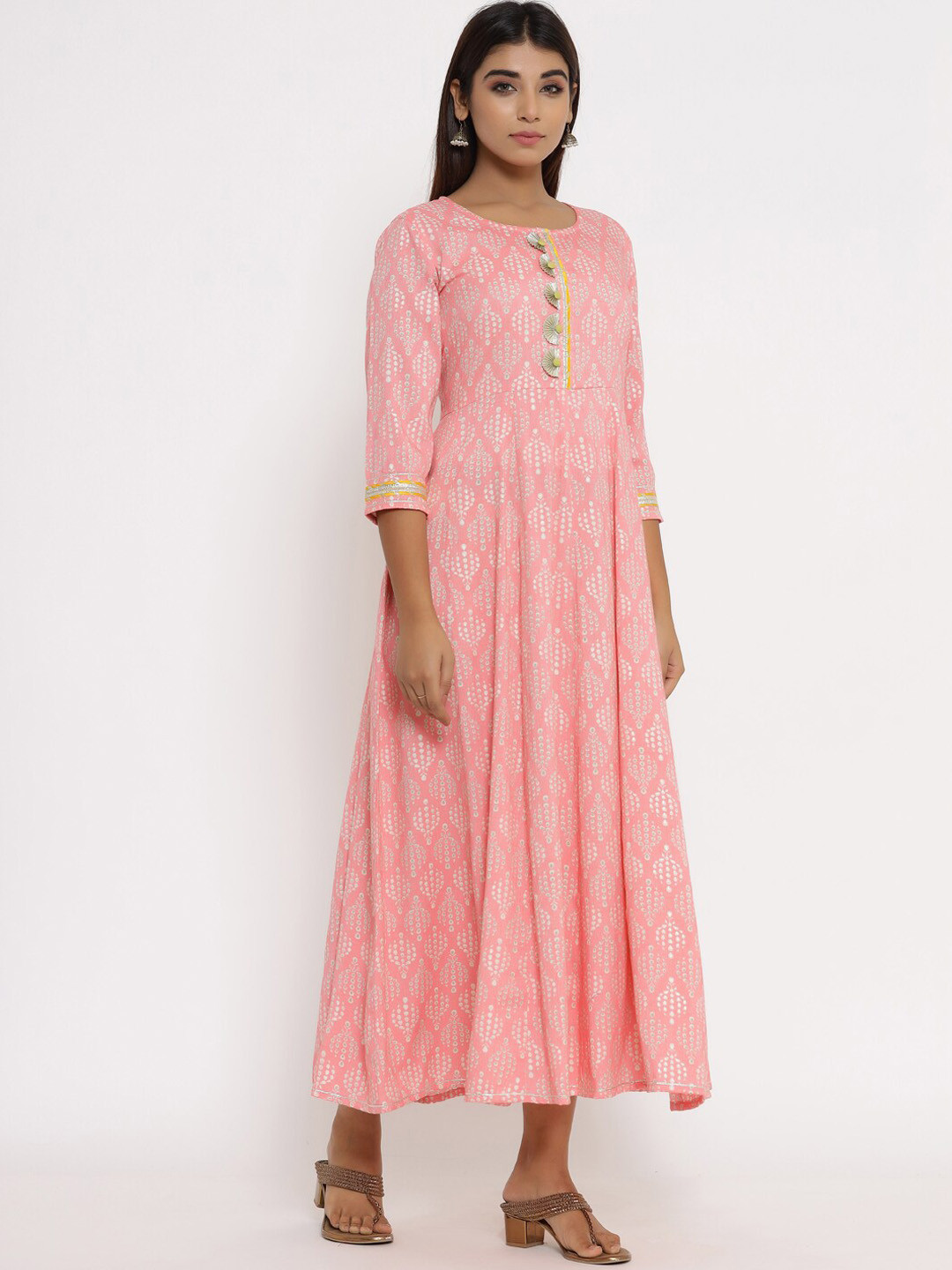 

Silai Bunai Women Pink & White Ethnic Motif Printed Pure Cotton Calf-Length Anarkali Kurta