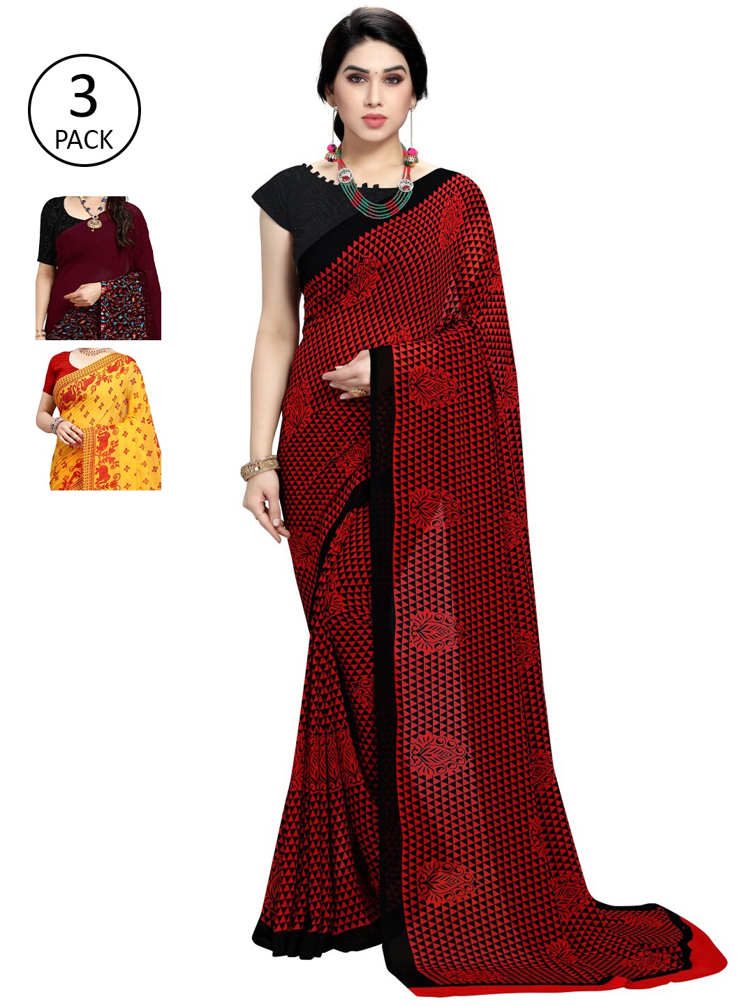 

KALINI Pack of 3 Ethnic Motifs Poly Georgette Saree, Red