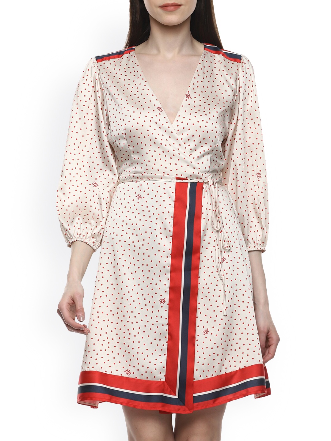 

LIU JO Women Beige & Red Printed Wrap Dress
