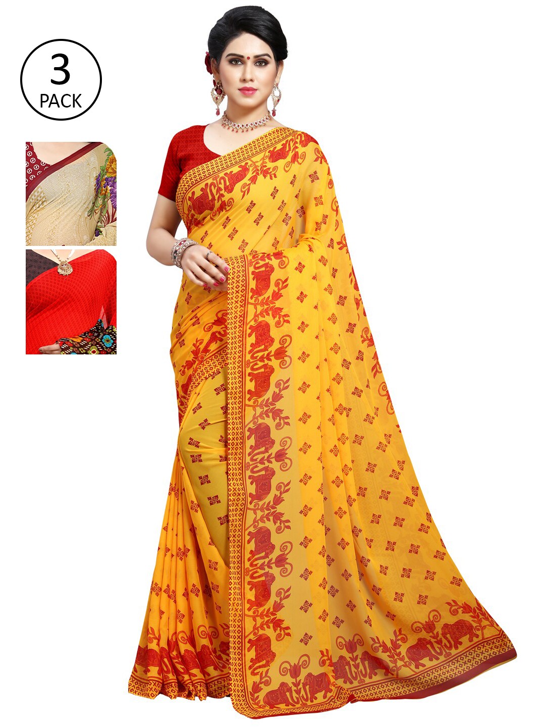 

KALINI Pack Of 3 Floral Sarees, Yellow