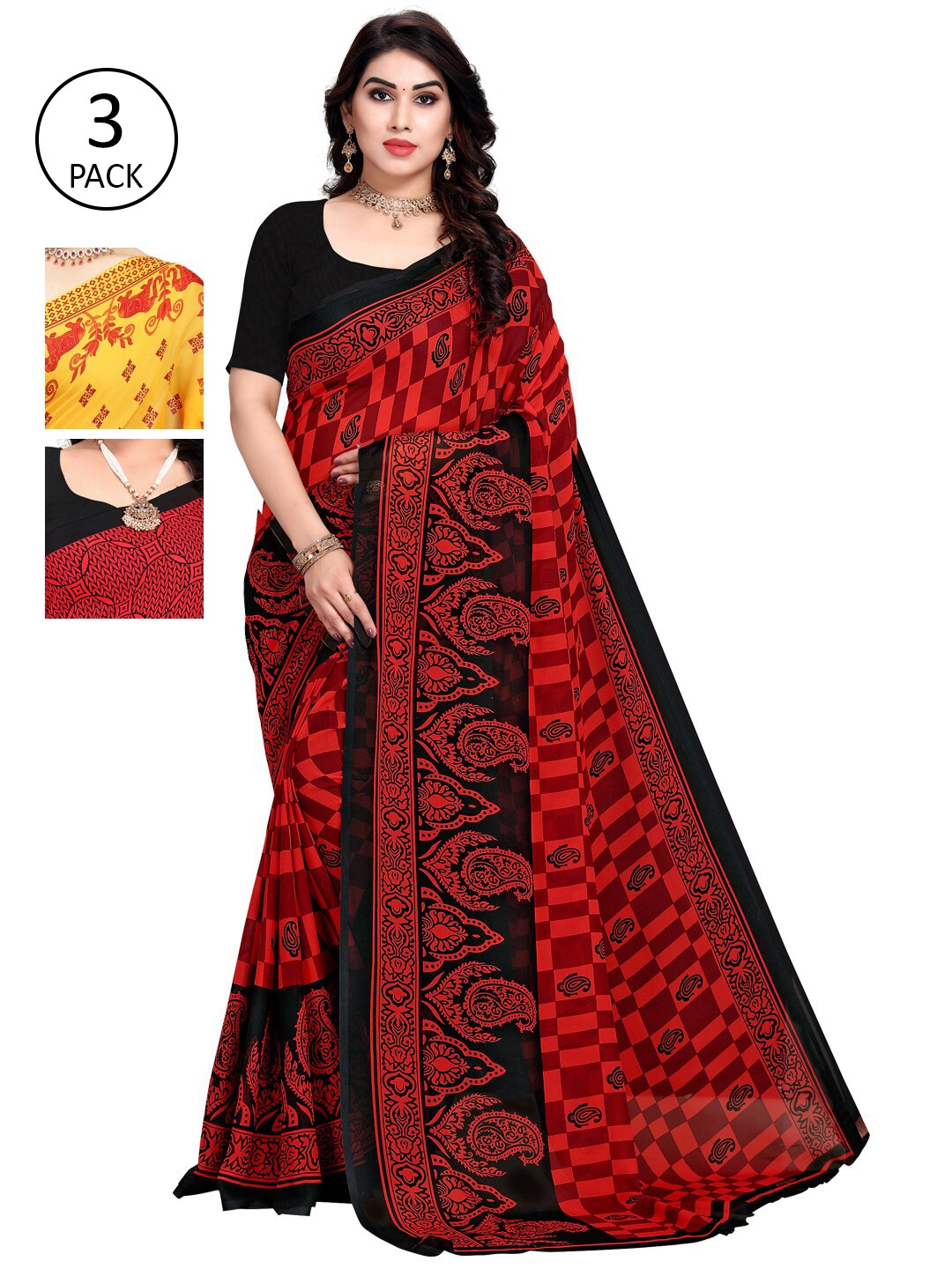

KALINI Women Pack Of 3 Multi Printed Sarees, Red