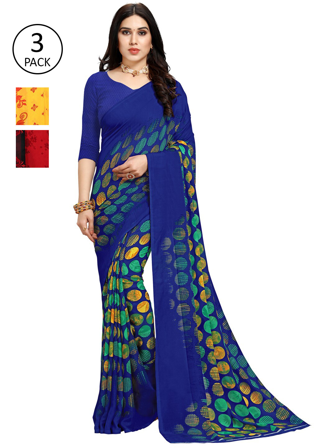 

KALINI Pack Of 3 Yellow & Blue Saree