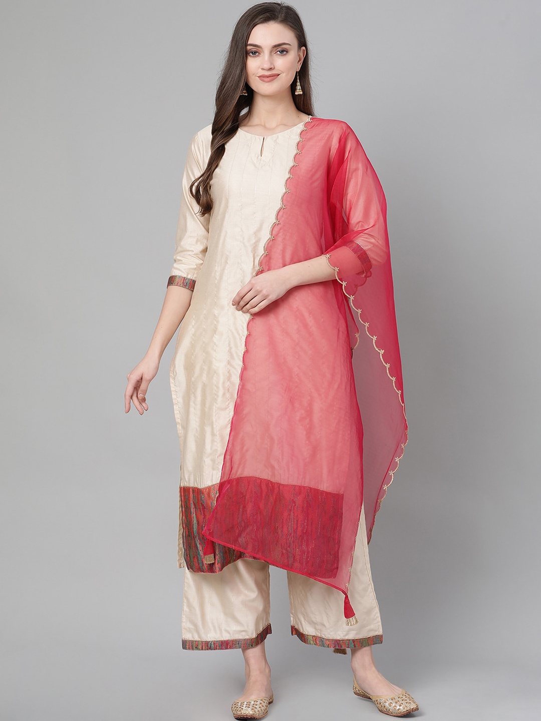 

Indo Era Women Off White Striped Kurta with Palazzos & Dupatta
