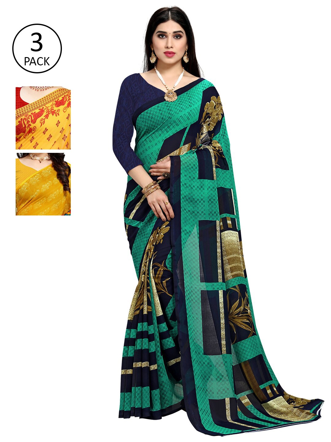 

KALINI Pack Of 3 Green & Yellow Saree