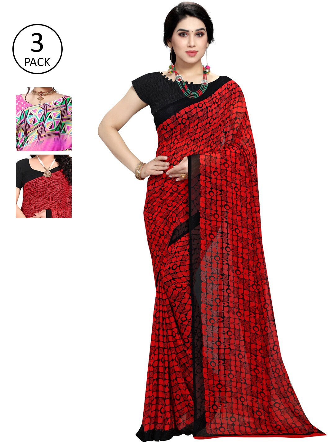 

KALINI Pack of 3 Printed Poly Georgette Saree, Multi