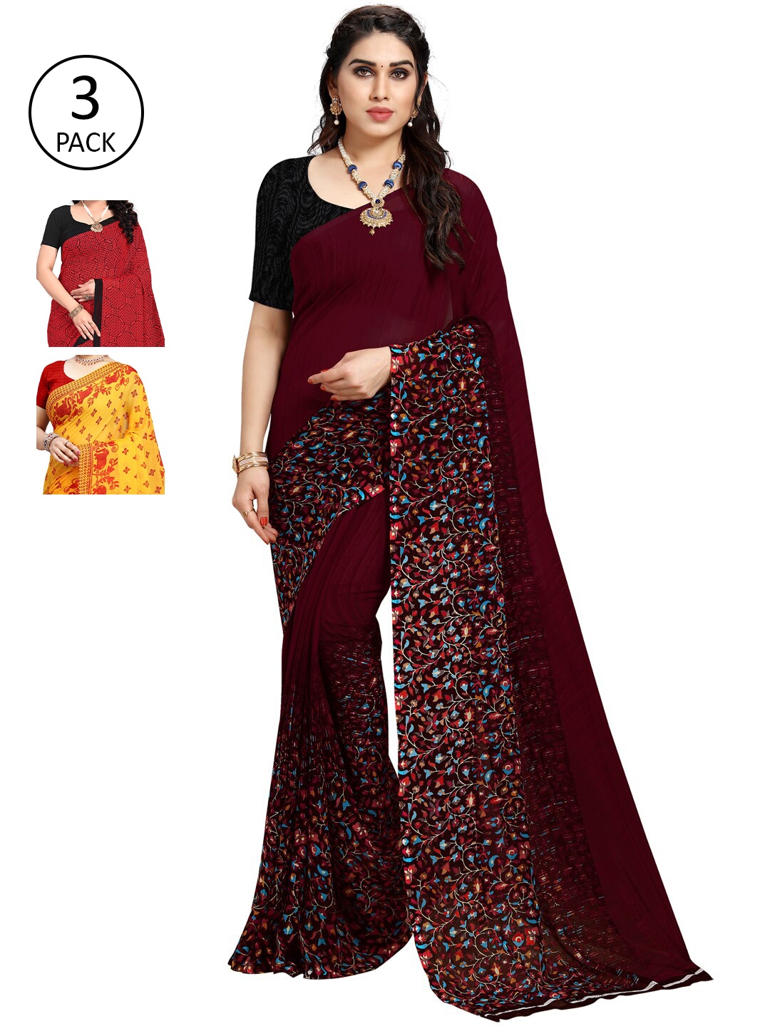 

KALINI Yellow & Black Pack of 3 Floral Saree