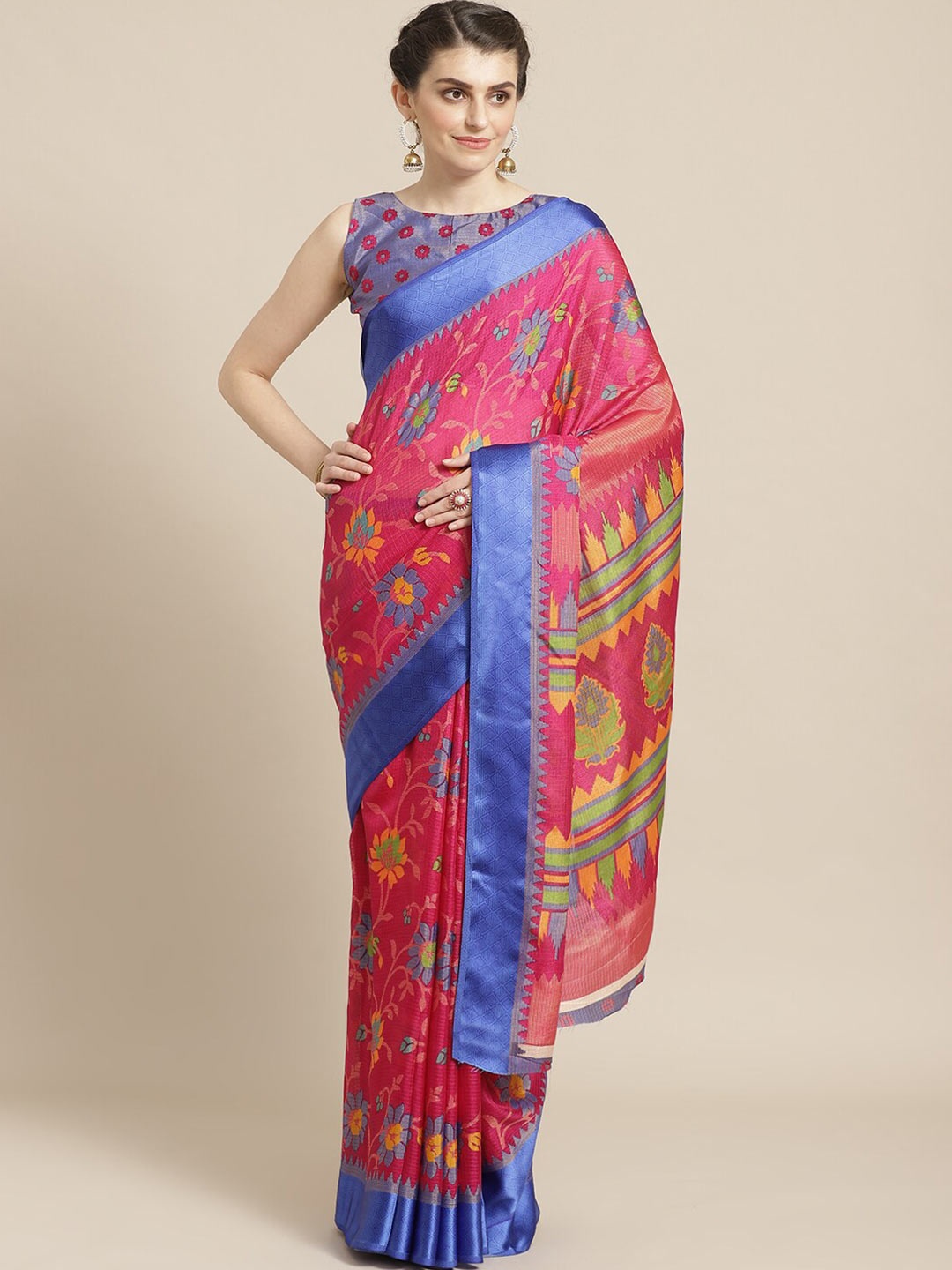 

Saree mall Pink & Blue Floral Brasso Sarees