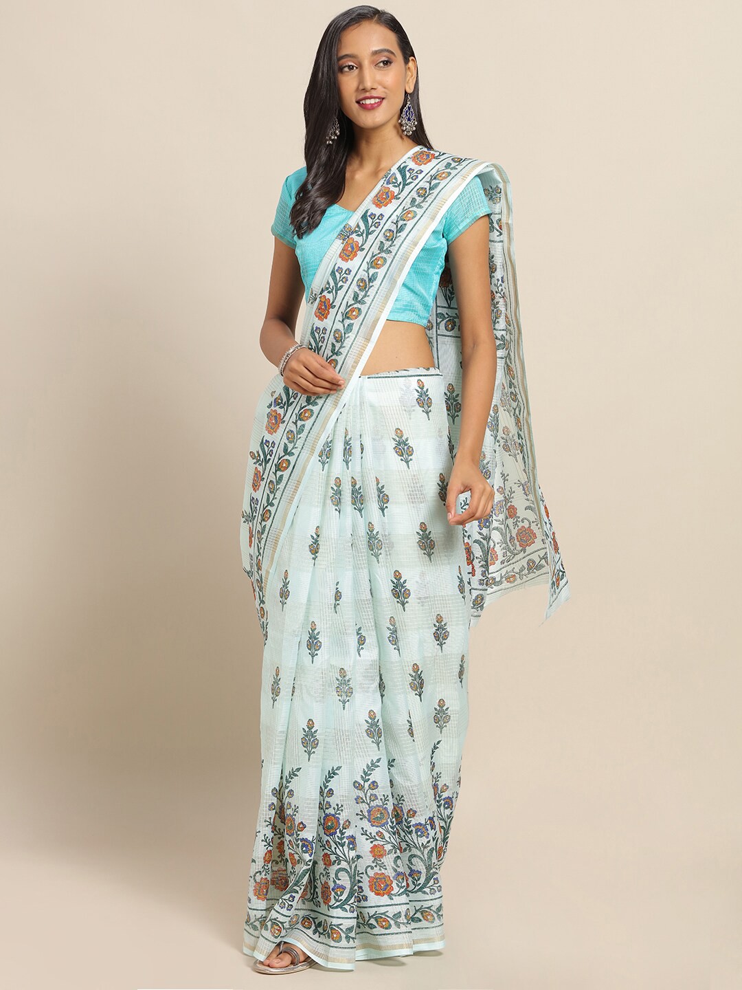 

Saree mall White & Brown Floral Linen Blend Sarees