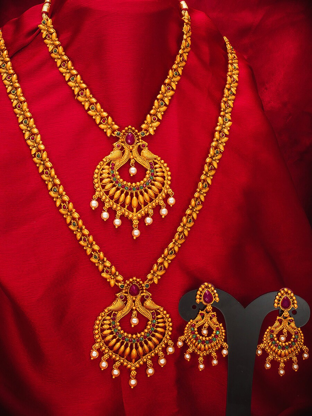

aadita Gold-Plated Green & Pink Stone-Studded & White Beaded Temple Jewellery Set