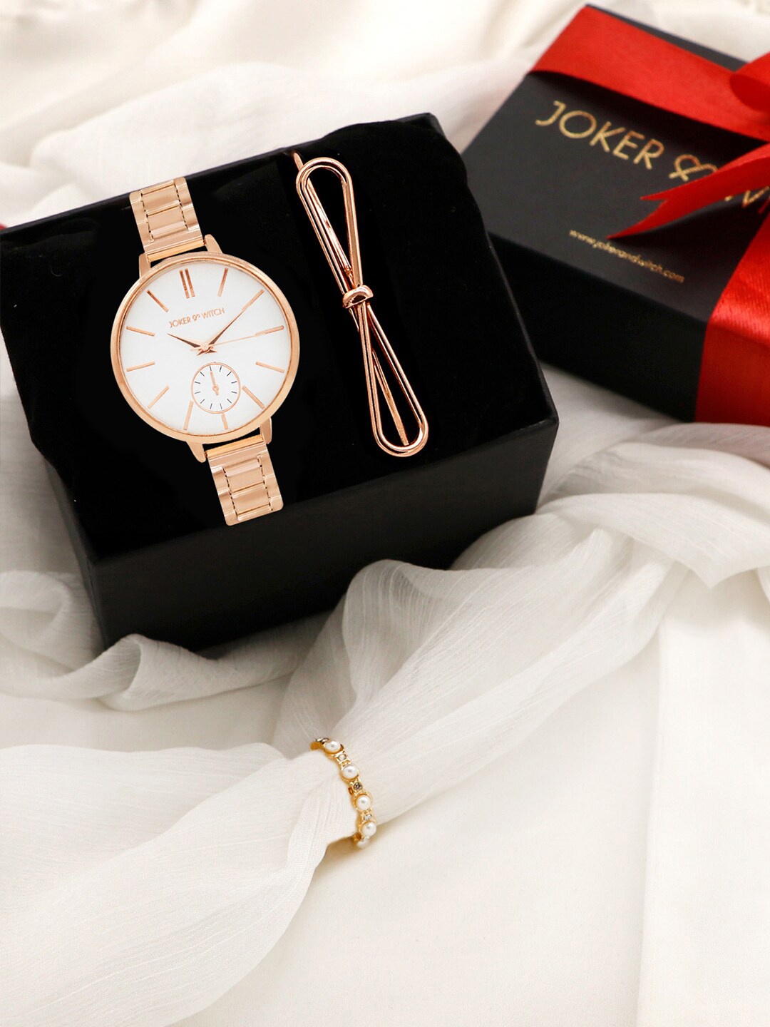 

JOKER & WITCH Women White & Rose Gold-Toned Happy Days Rosegold Love Triangle Gift Set JWLT55