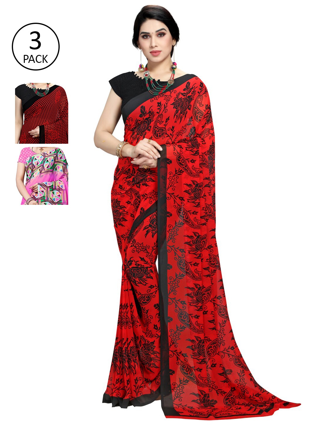 KALINI Pack Of 3 Poly Georgette Printed Sarees, Red