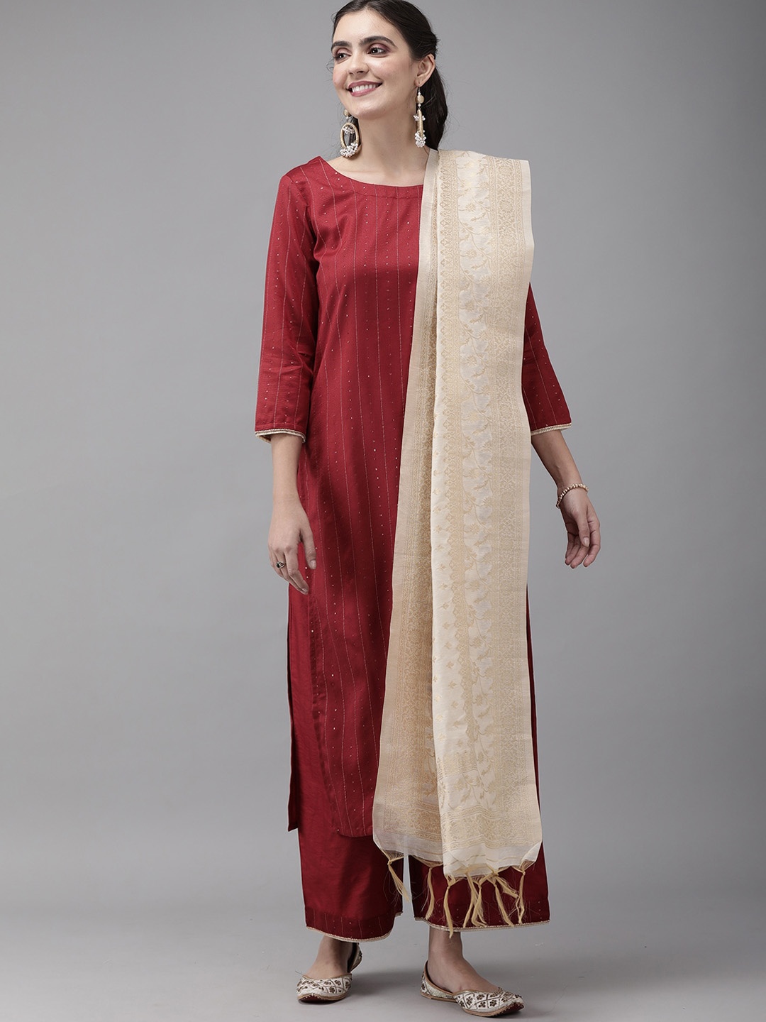

Indo Era Women Maroon Panelled Liva Kurta with Trousers & With Dupatta