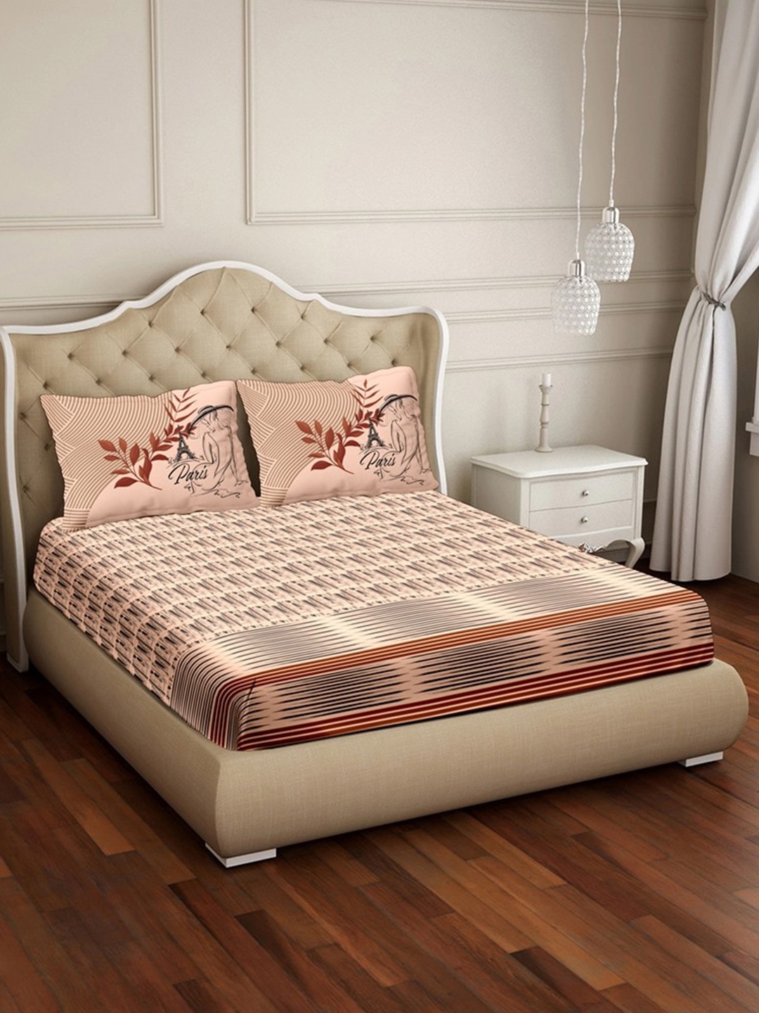 

BELLA CASA Pink & Brown Geometric 250 TC Cotton King Bedsheet with 2 Pillow Covers