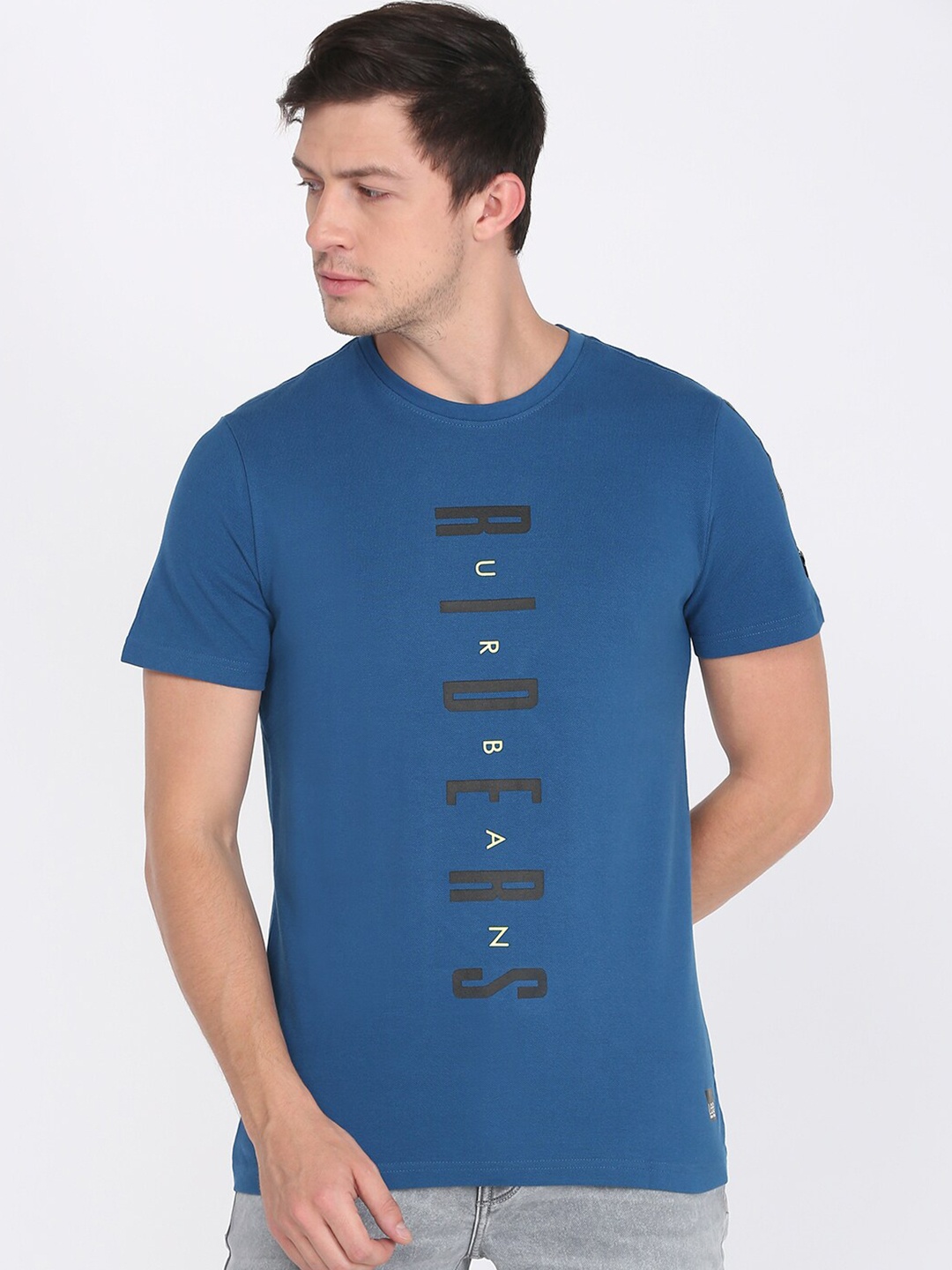 Lee Men Blue Black Typography Printed Pure Cotton T-shirt
