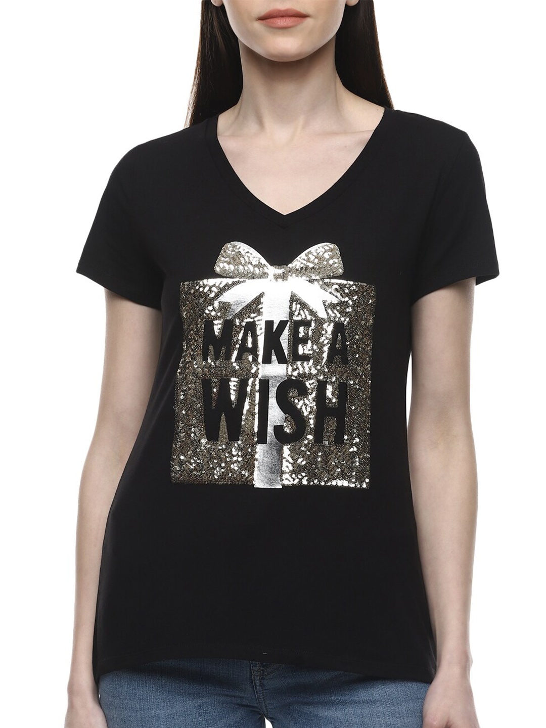 

LIU JO Women Black Embellished V-Neck T-shirt