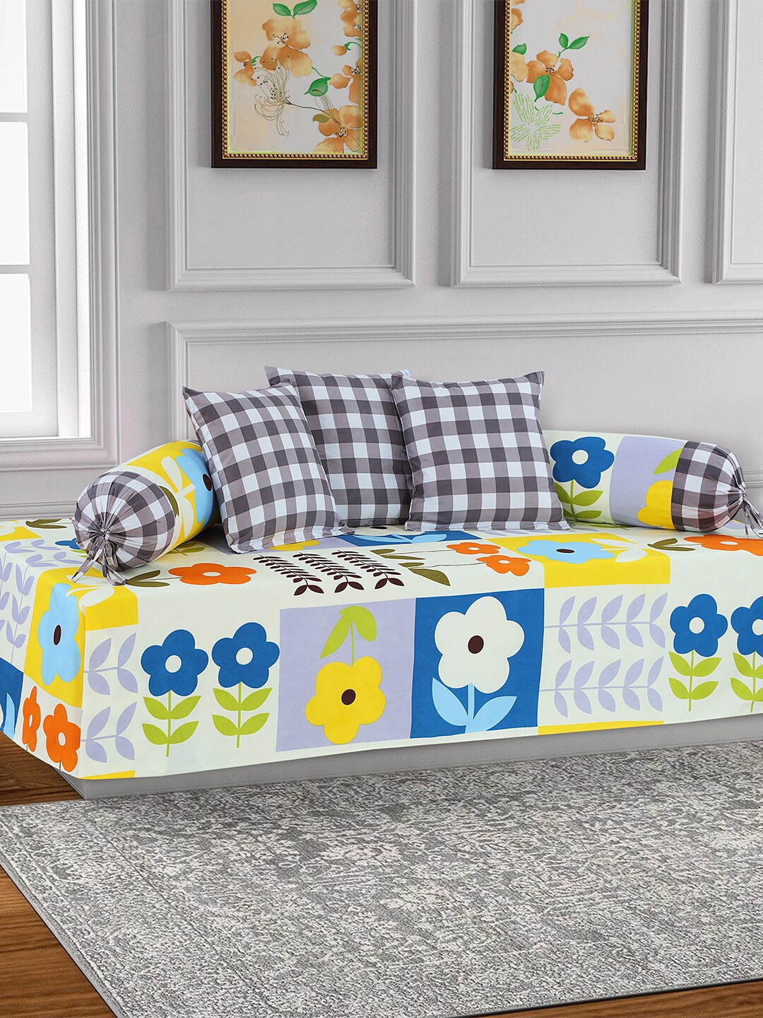 

Salona Bichona Set Of 6 Blue Floral Printed Bedsheet With Bolster & Cushion Covers