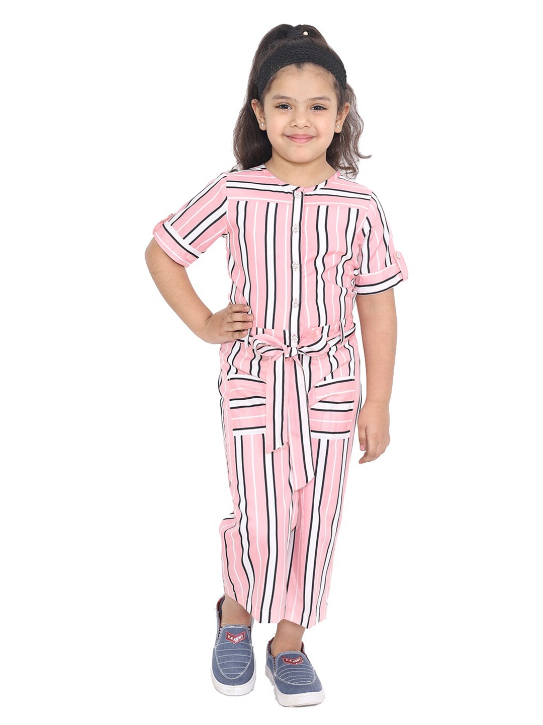 

naughty ninos Girls Pink & White Striped Basic Jumpsuit