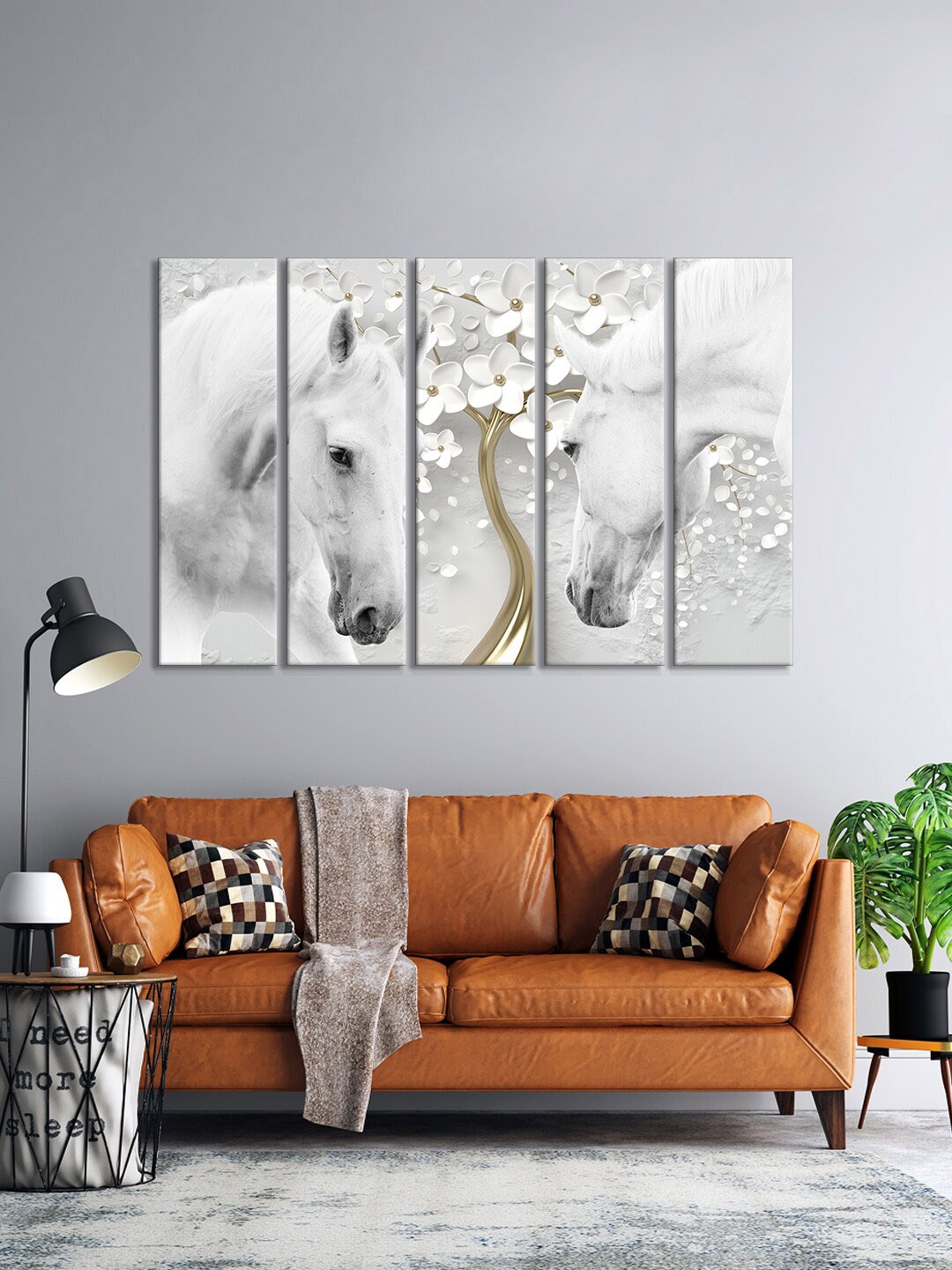 

999Store Set Of 5 White & Gold-Toned Couple Of Beautiful White Horses Wall Art