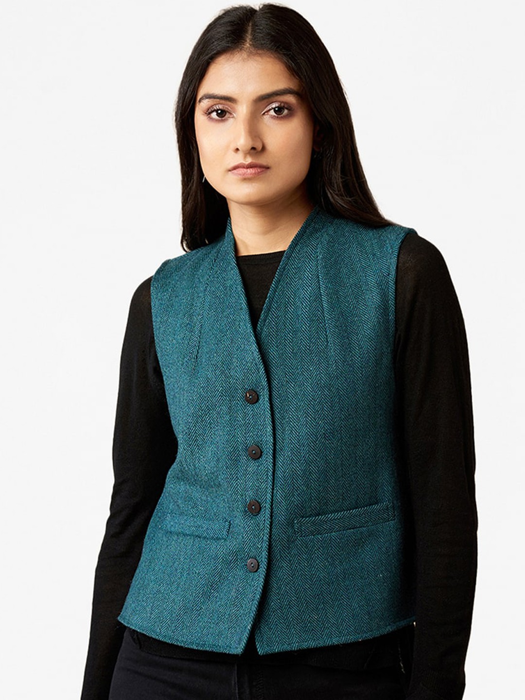 

Fabindia Women Turquoise Blue Crop Tailored Jacket