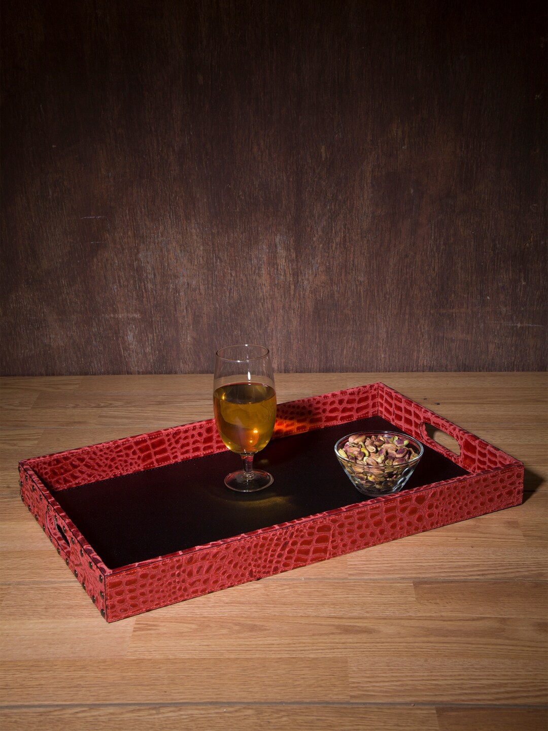 

IMUR Red Textured Leather Rectangular Tray