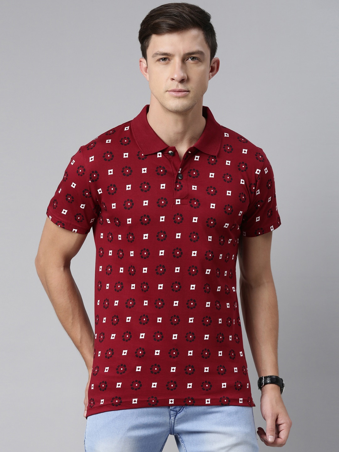 

Kryptic Men Maroon Printed Polo Collar T-shirt