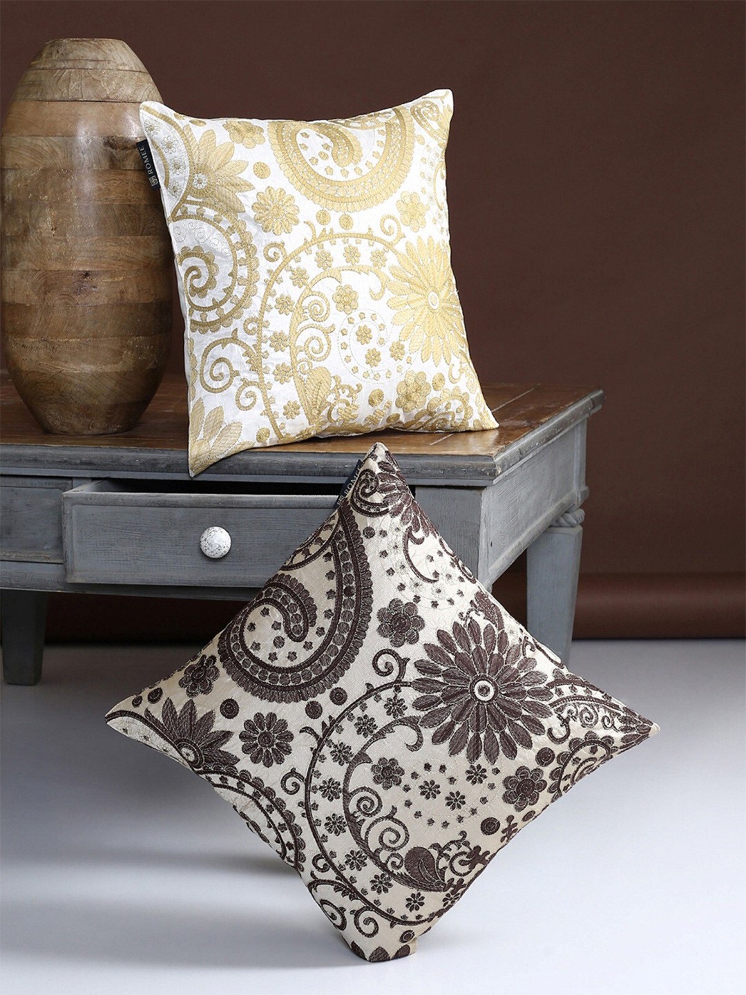 

ROMEE Gold & Off White Set of 2 Embroidered Square Cushion Covers