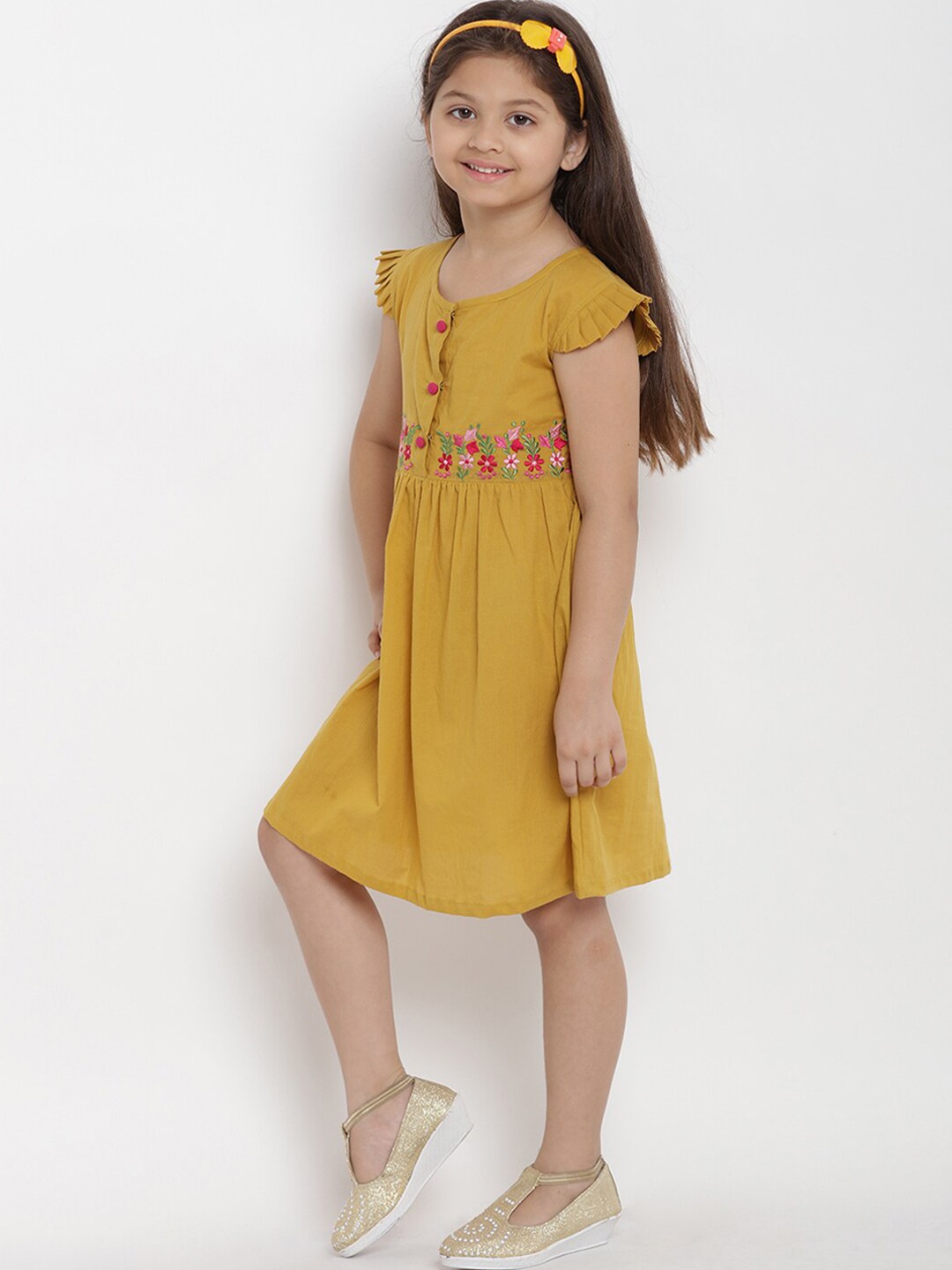 

Bitiya by Bhama Mustard Yellow & Pink Floral A-Line Midi Cotton Dress