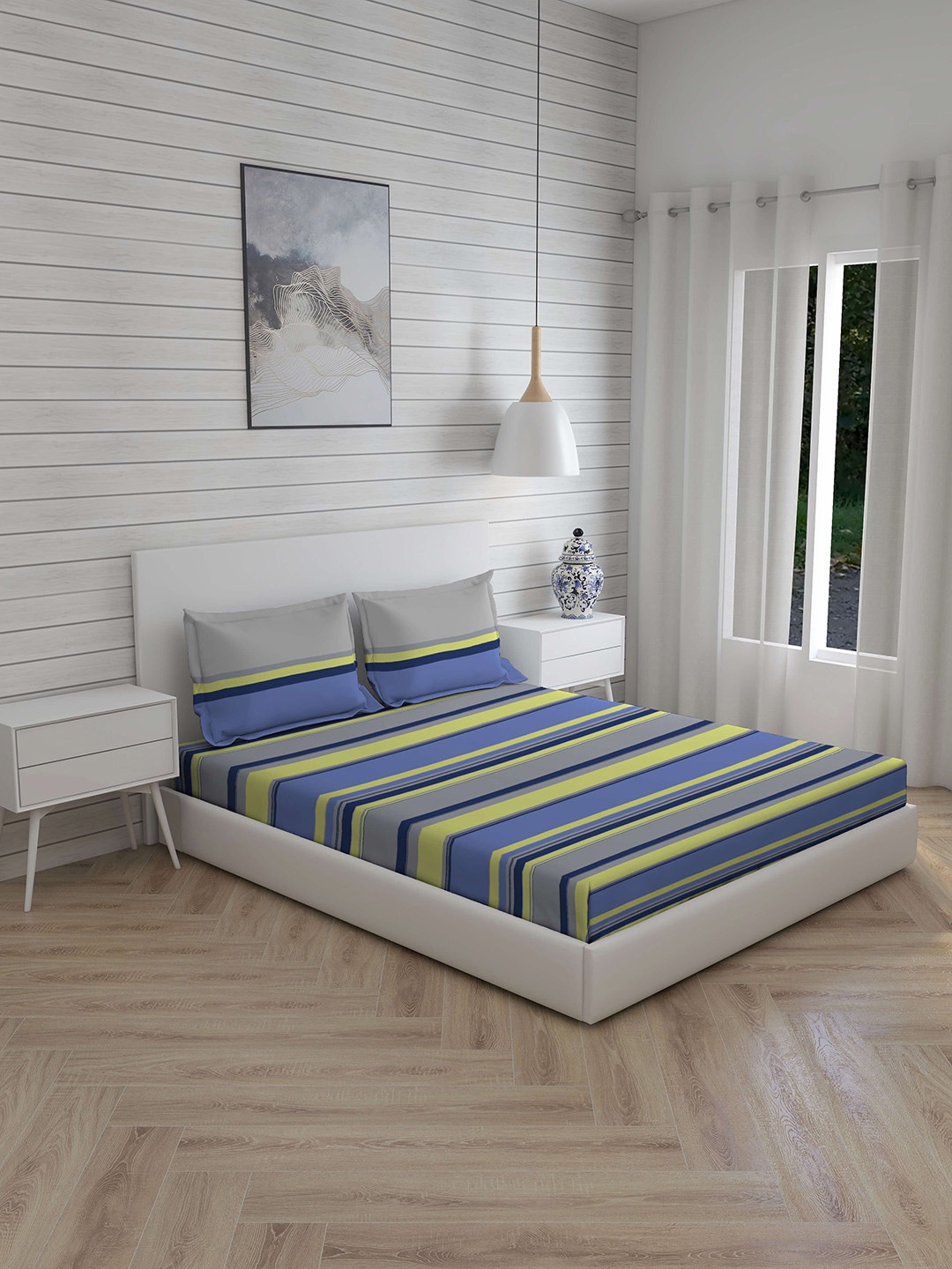 

Layers Grey & Blue Striped 144 TC Cotton Queen Bedsheet with 2 Pillow Covers