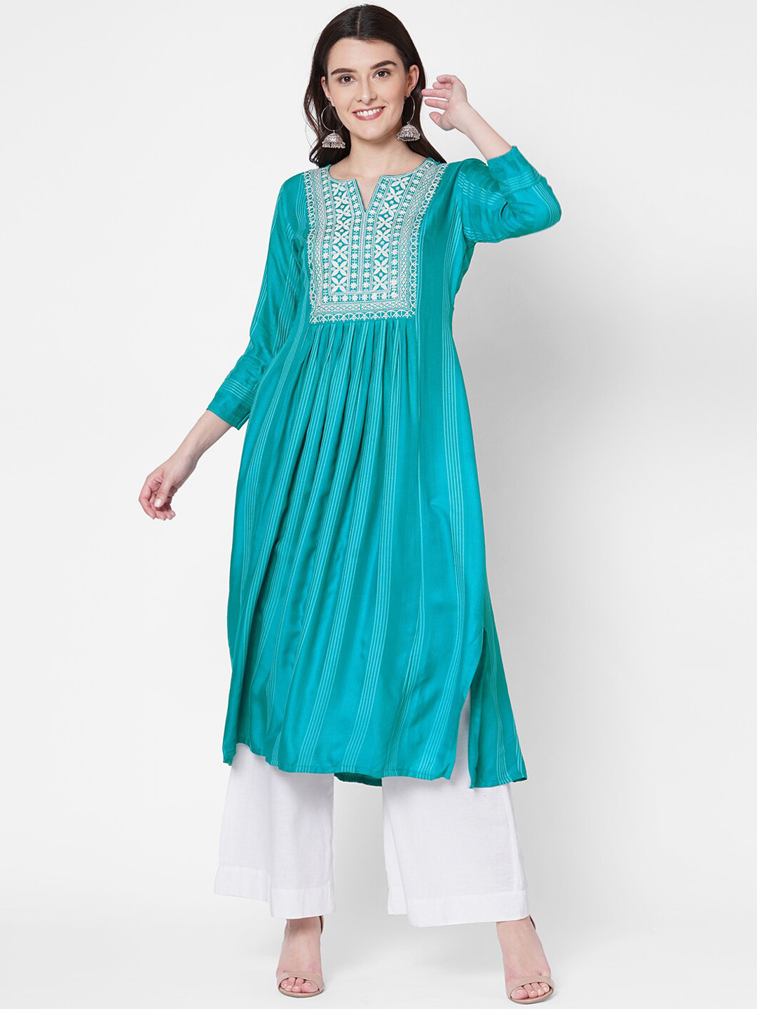 

FASHOR Women Turquoise Blue Striped & Embroidered A-Line Kurta